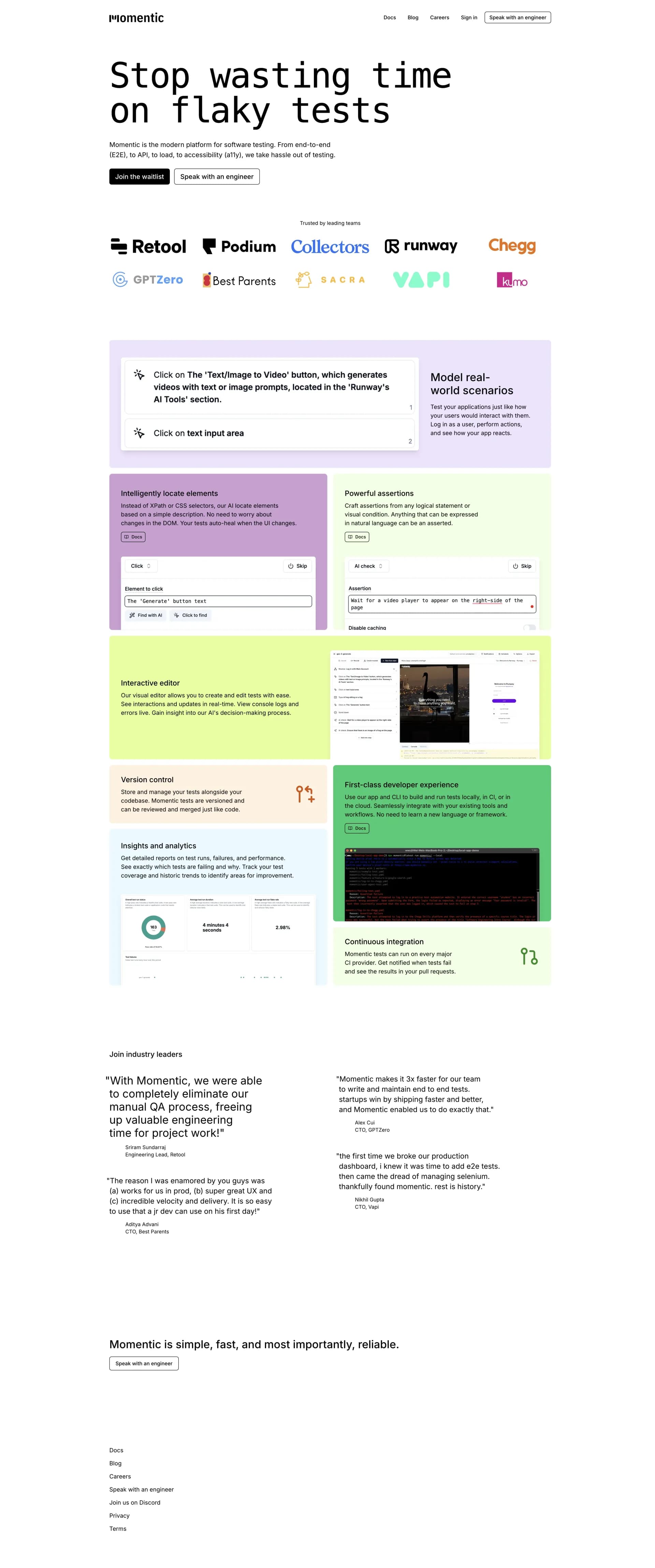 Momentic homepage screenshot — Stop wasting time on flaky tests