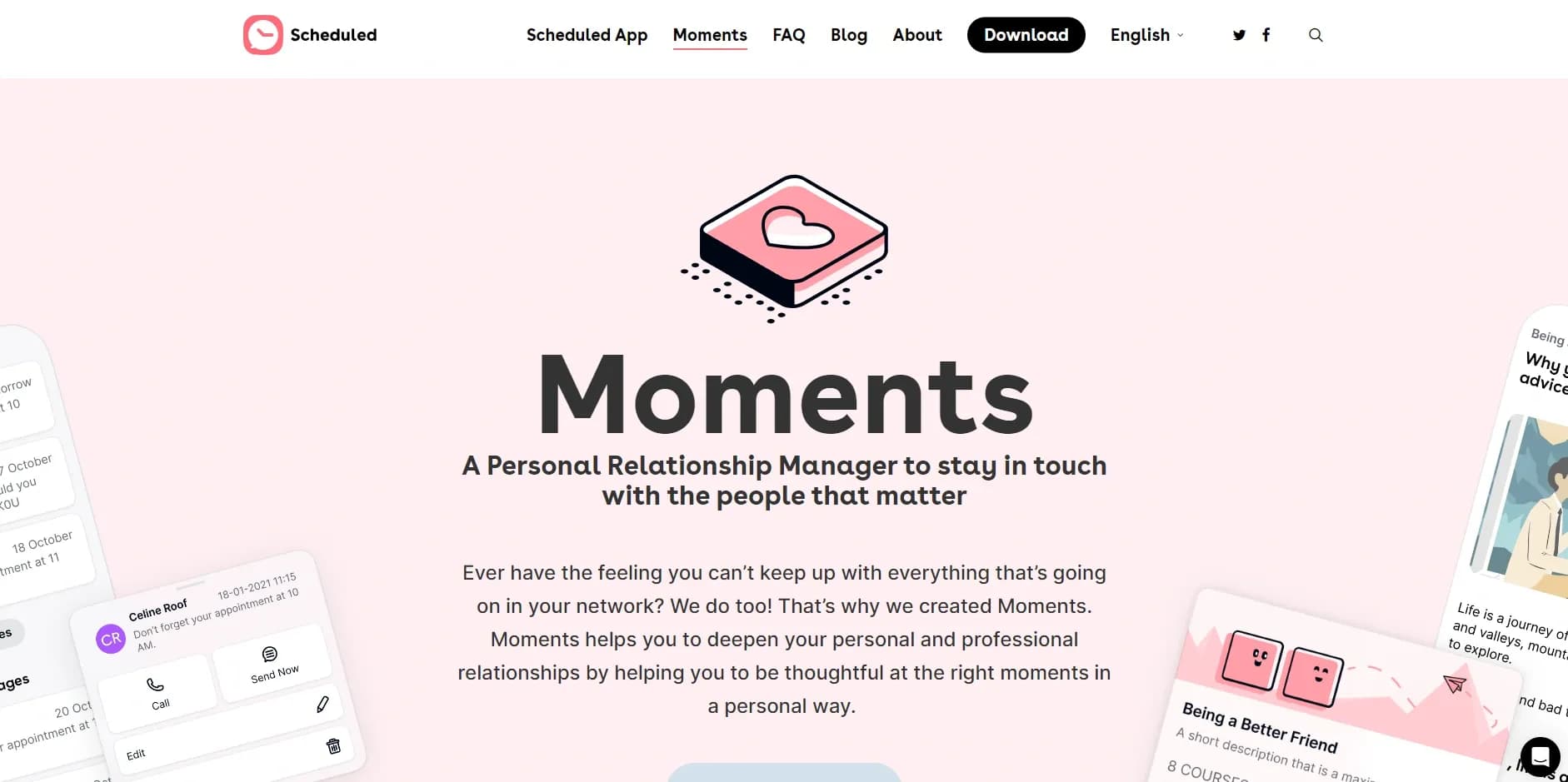 Moments homepage screenshot — Deepen relationships with thoughtful, timely gestures.