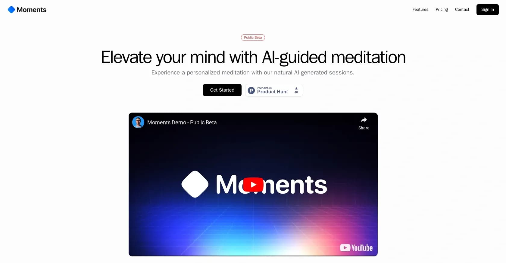 MomentsAI homepage screenshot — Personalized guided meditation with reminders