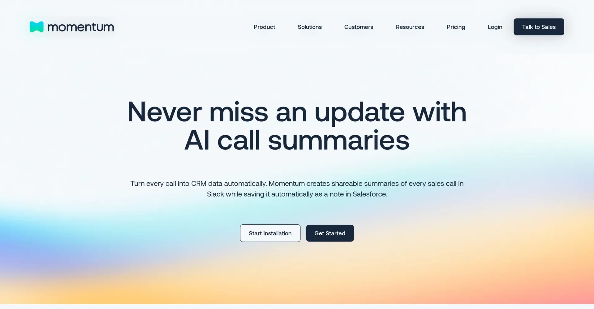 Momentum homepage screenshot — Turn calls into actionable CRM data automatically.