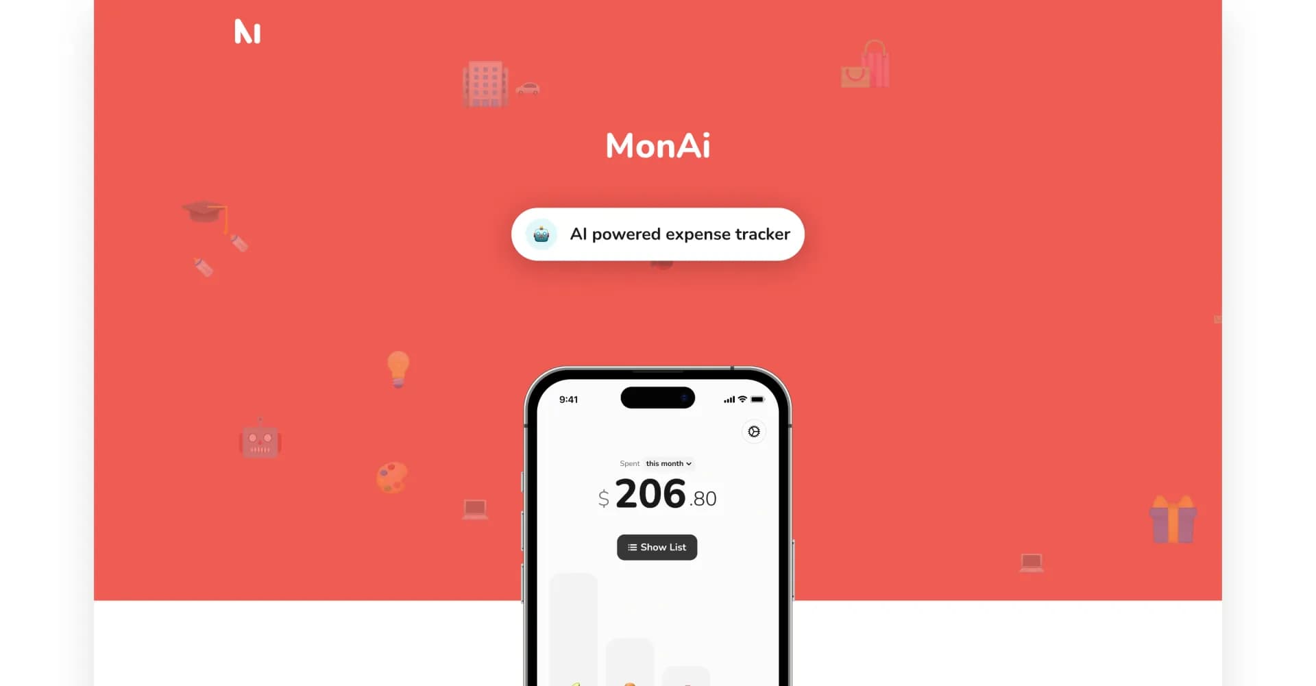 MonAI homepage screenshot — Track expenses with voice-like ease and AI precision.