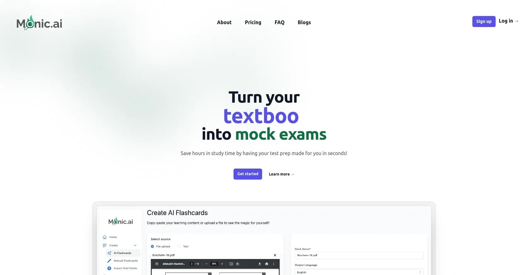 Monic homepage screenshot — Turn textbooks into mock exams instantly.
