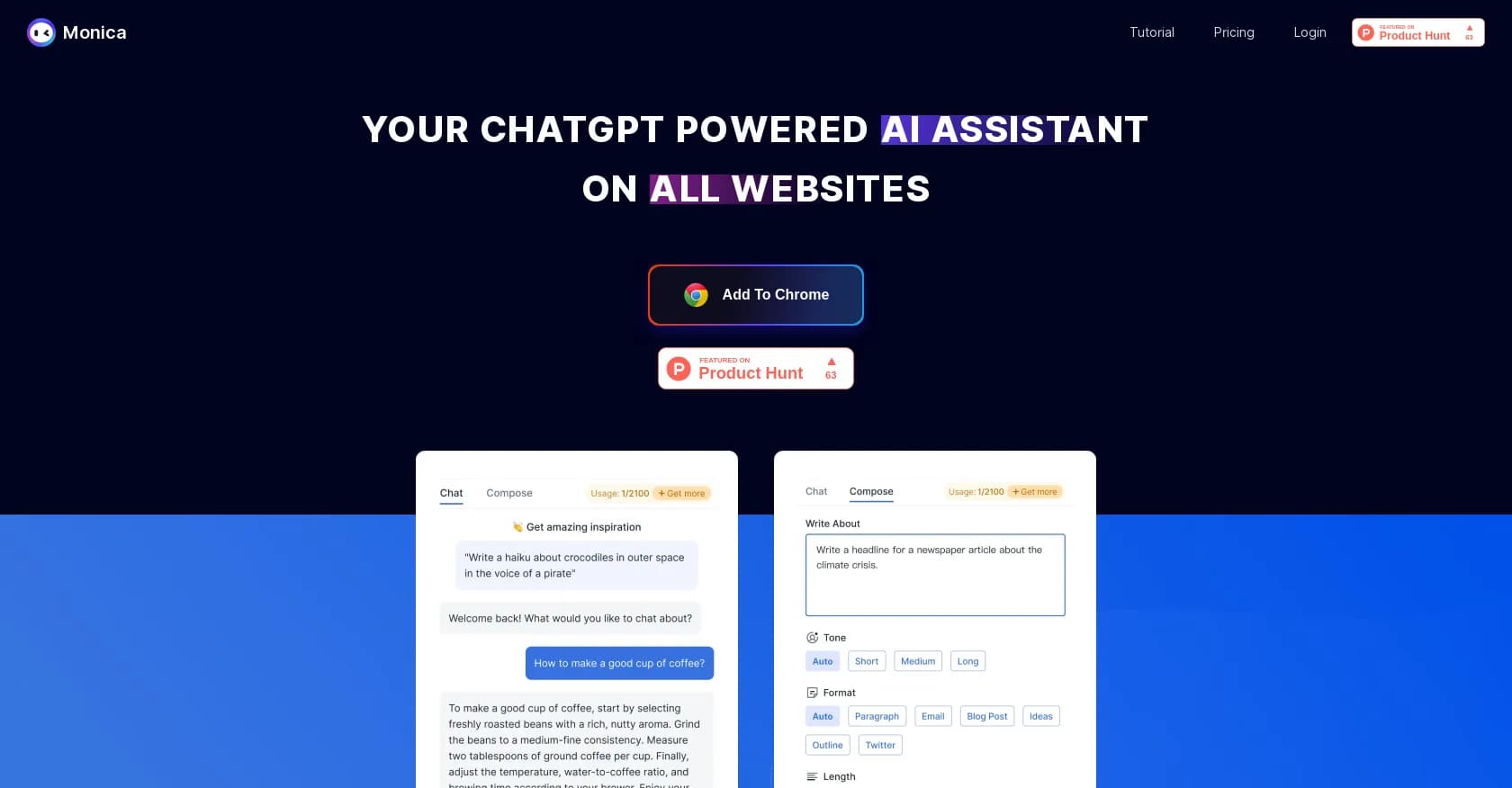 Monica homepage screenshot — Your ChatGPT-powered AI assistant on all websites.