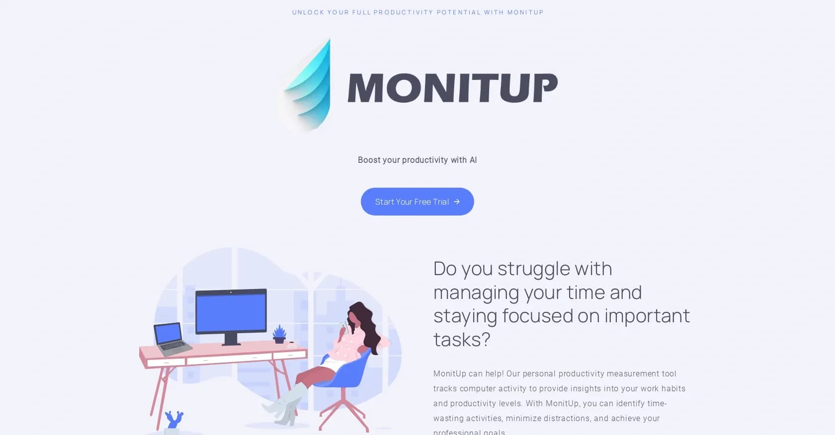 Monitup homepage screenshot — Measure and boost productivity with AI-powered tracking.