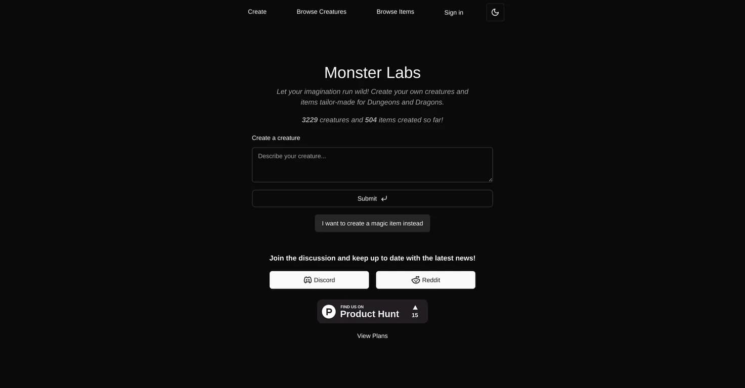 Monster Labs homepage screenshot — Create custom D&D creatures and items instantly