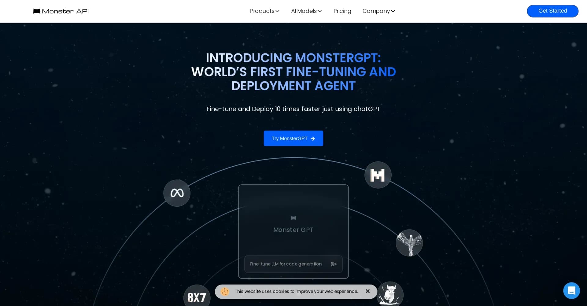 Monsterapi homepage screenshot — Unlock AI power with easy-to-use LLM APIs