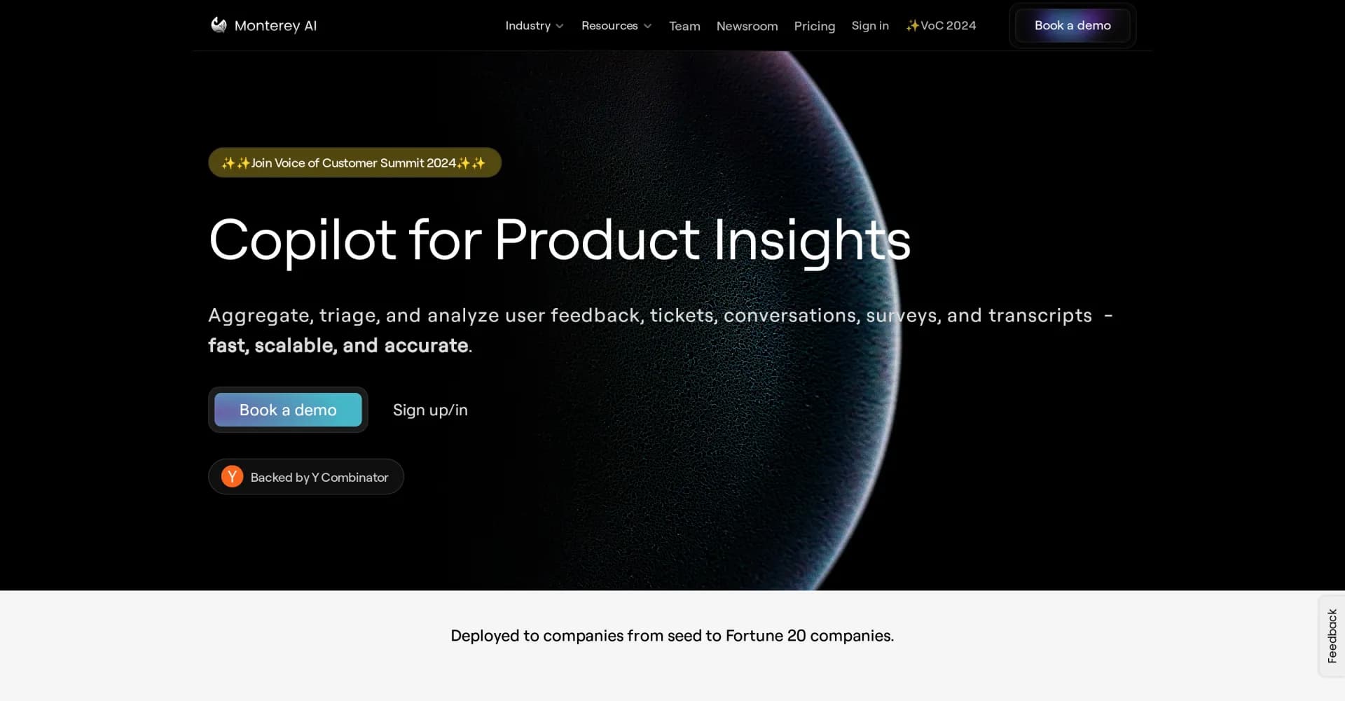 Monterey homepage screenshot — AI-powered copilot for product insights