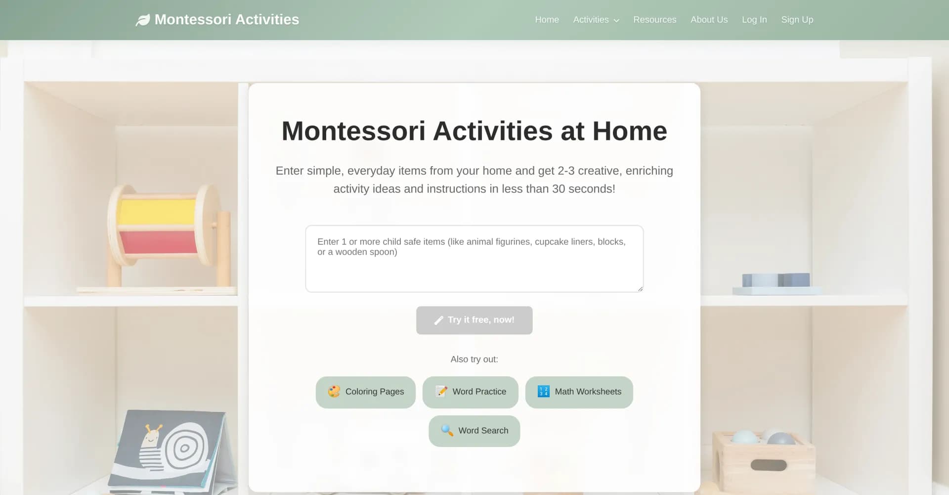 Montessori Activities at Home homepage screenshot — Turn everyday items into enriching learning experiences.
