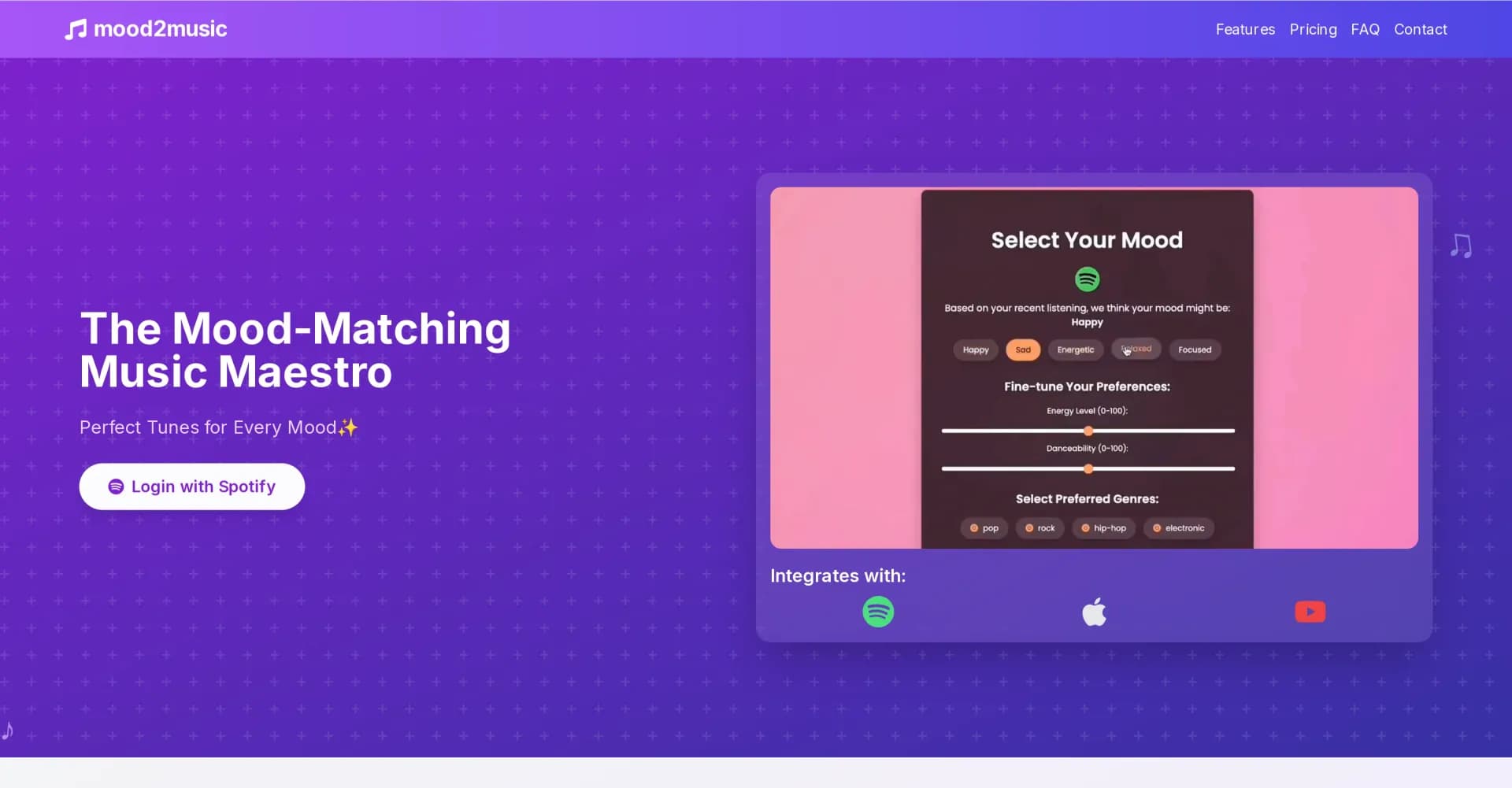 mood2music homepage screenshot — Personalized music recommendations based on your mood.
