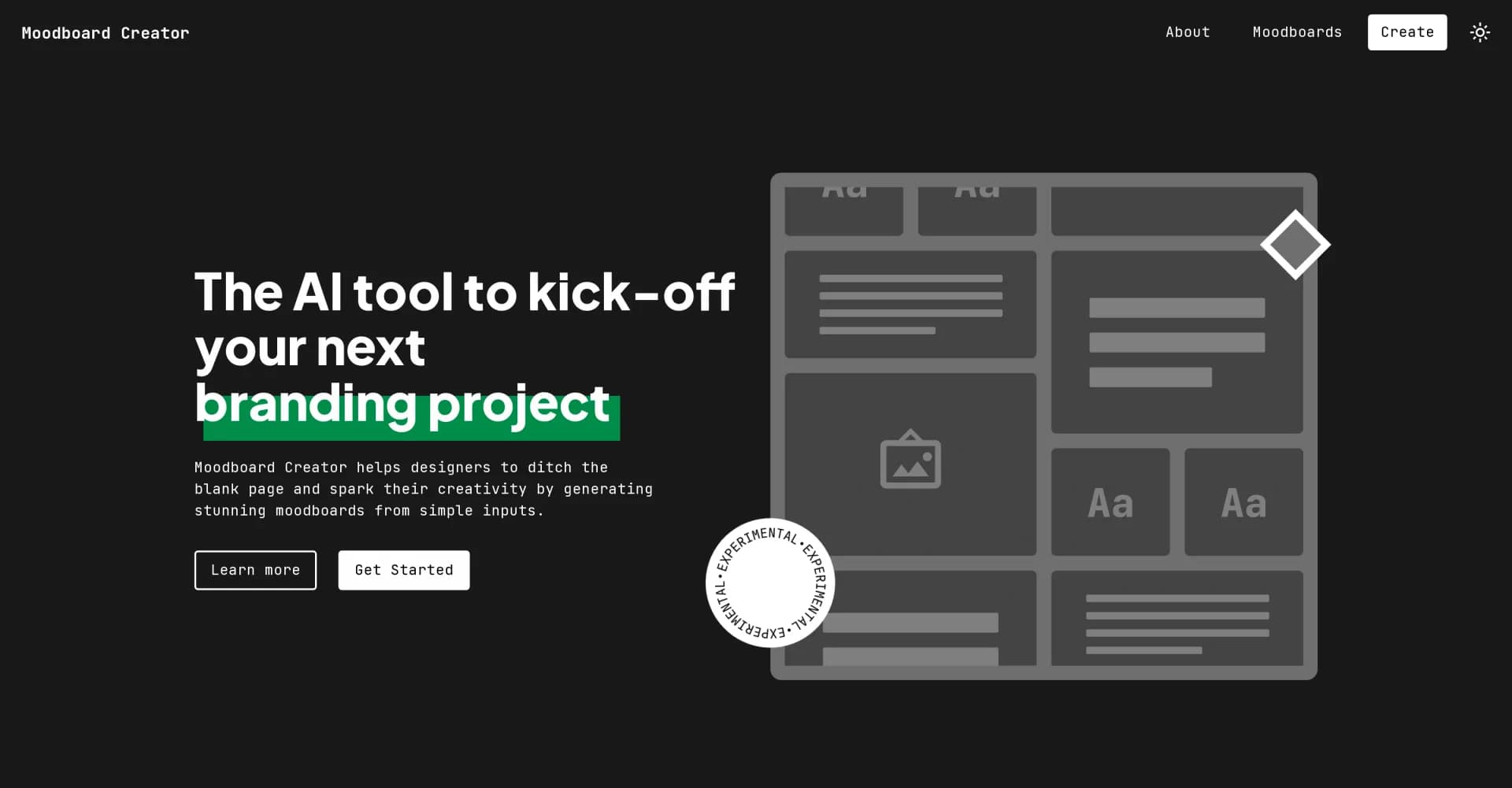 Moodboard Creator homepage screenshot — Spark creativity with AI-generated moodboards.