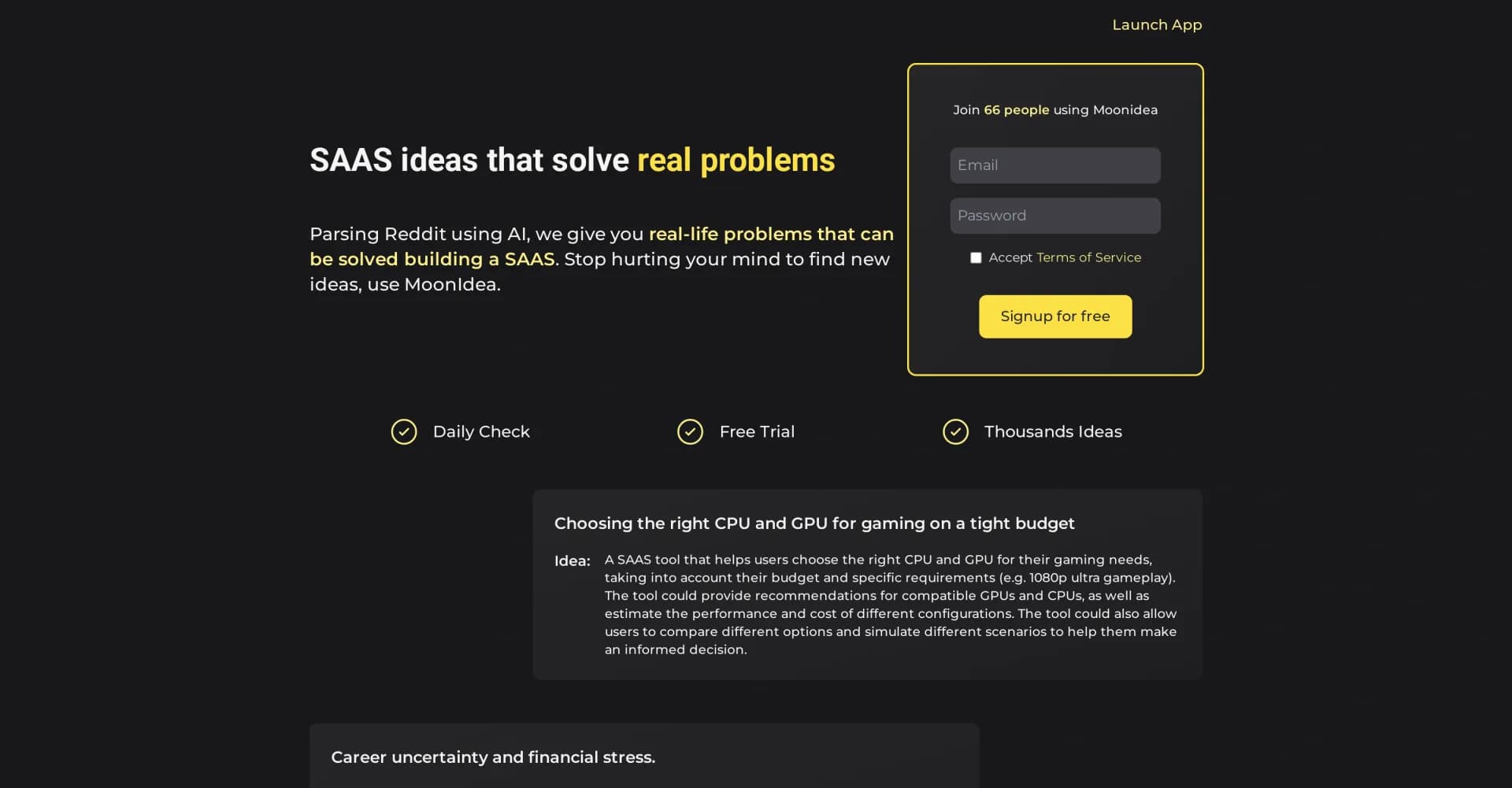 MoonIdea homepage screenshot — AI-powered SAAS idea generation from Reddit threads.