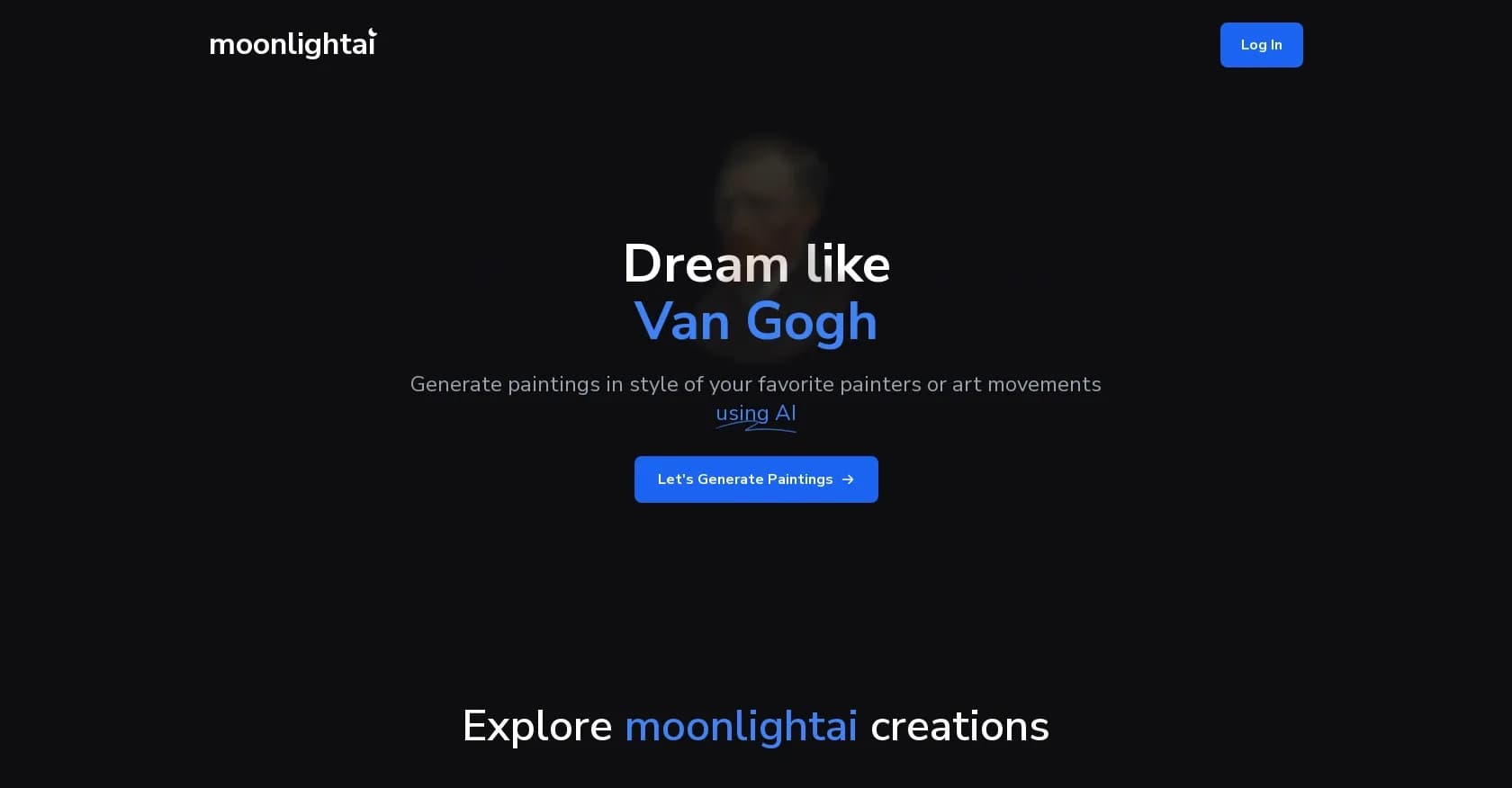 Moonlightai homepage screenshot — Generate AI paintings in your favorite artists' styles.