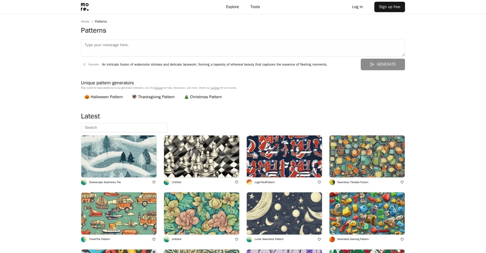 More Graphics Patterns homepage screenshot — Create infinite patterns with AI for any design need.