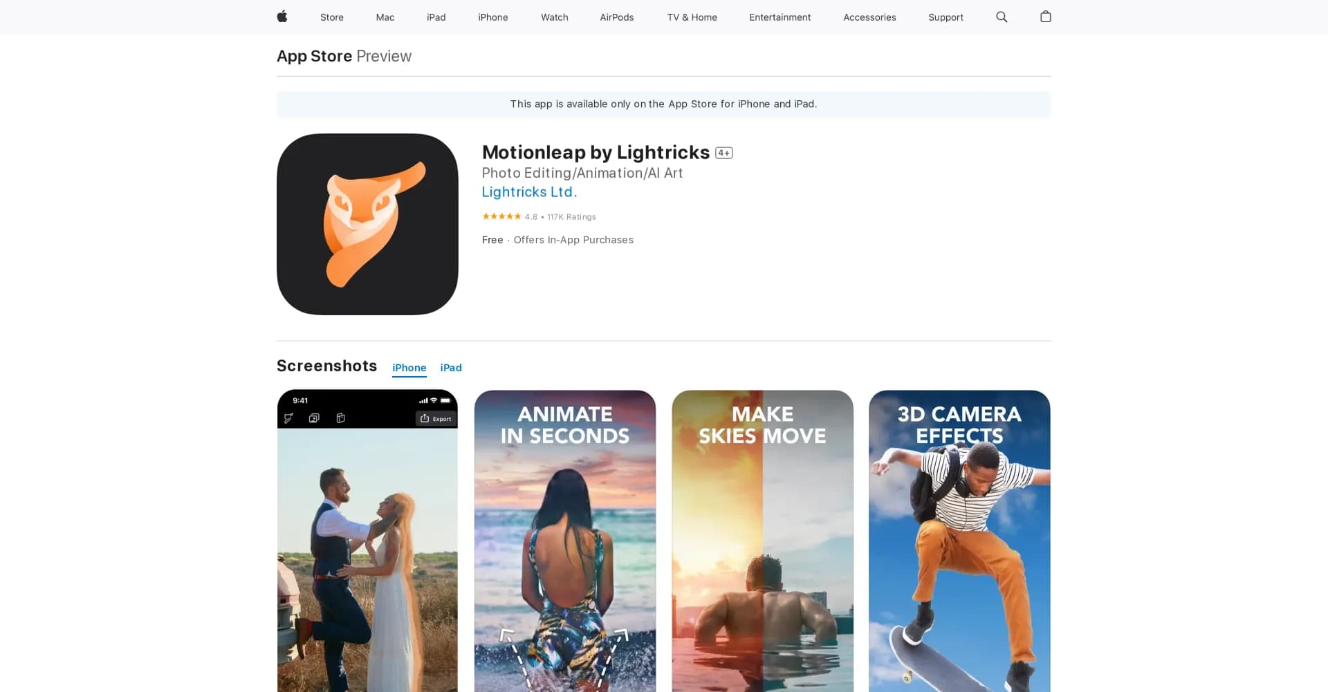 Motionleap homepage screenshot — Animate your images with Motionleap.