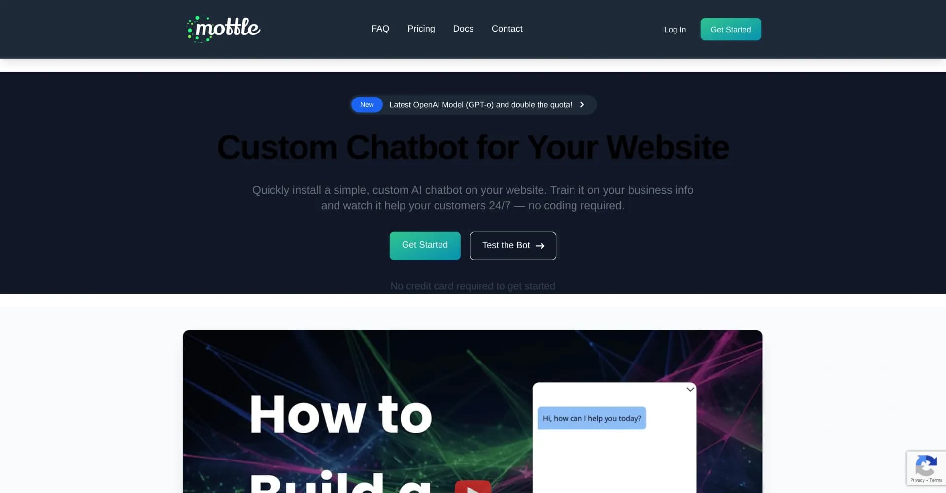 Mottle Bot homepage screenshot — Create custom AI chatbots for your website instantly