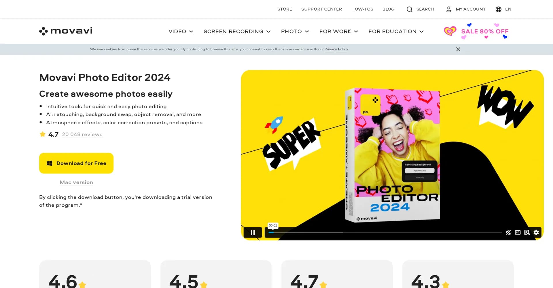 Movavi homepage screenshot — Enhance photos effortlessly with smart tools.