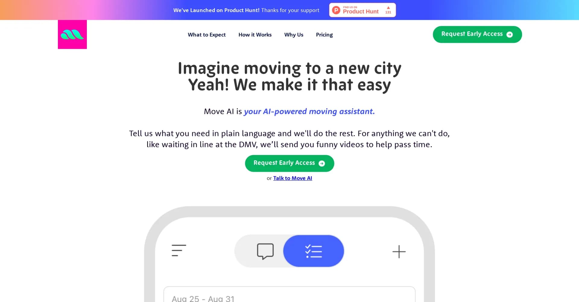 Move AI homepage screenshot — AI-powered moving assistant for stress-free relocation.