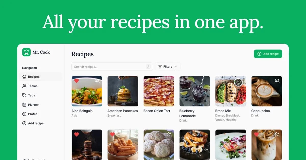 Mr. Cook homepage screenshot — Your digital cookbook with AI features.