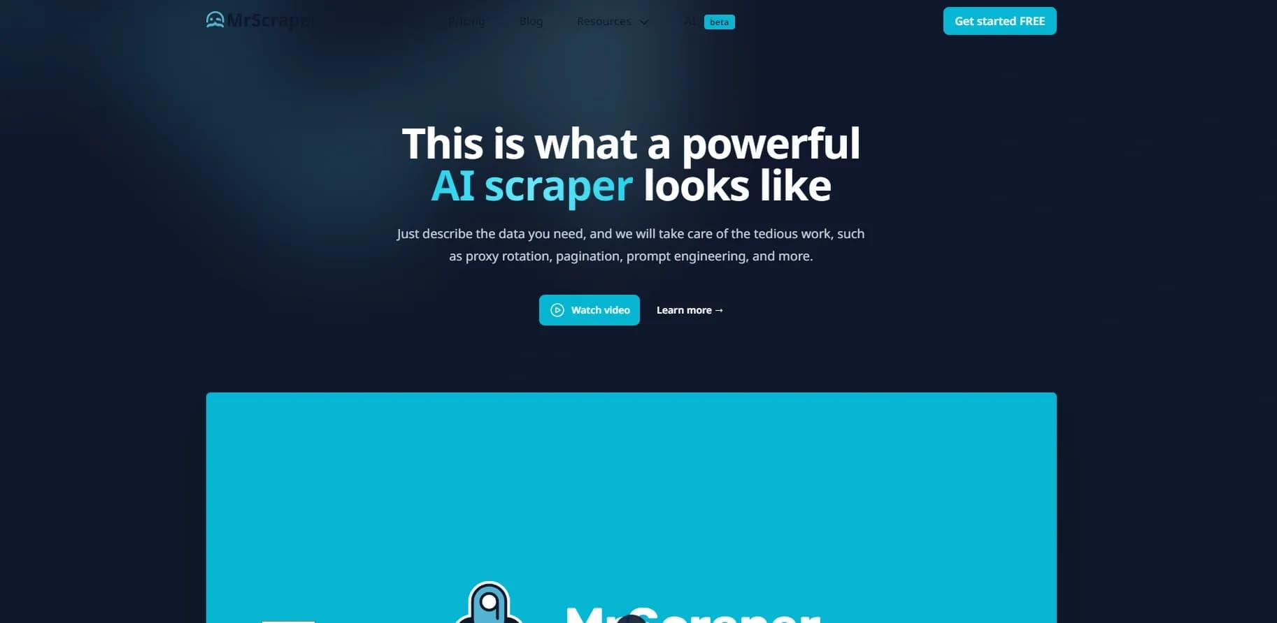 MrScrapper homepage screenshot — AI-powered web scraper with advanced features