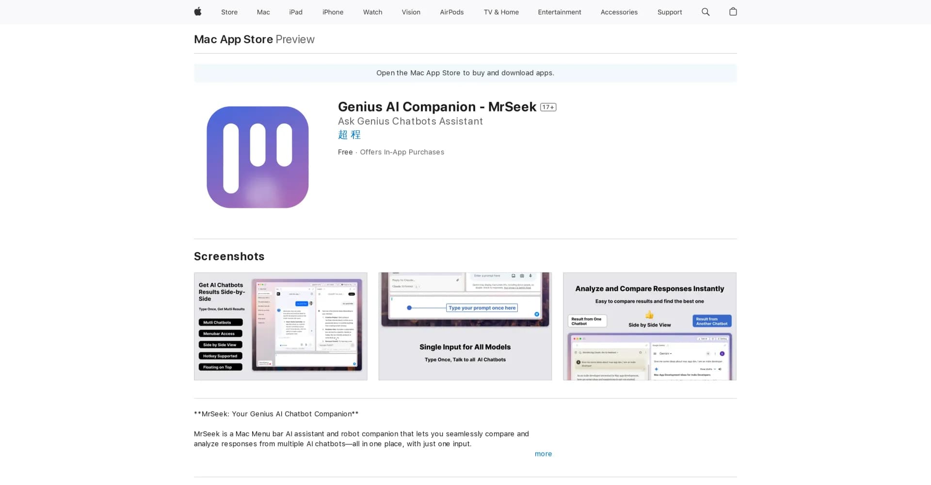 MrSeek - Genius AI Companion homepage screenshot — Your Mac menu bar AI assistant and chatbot companion.