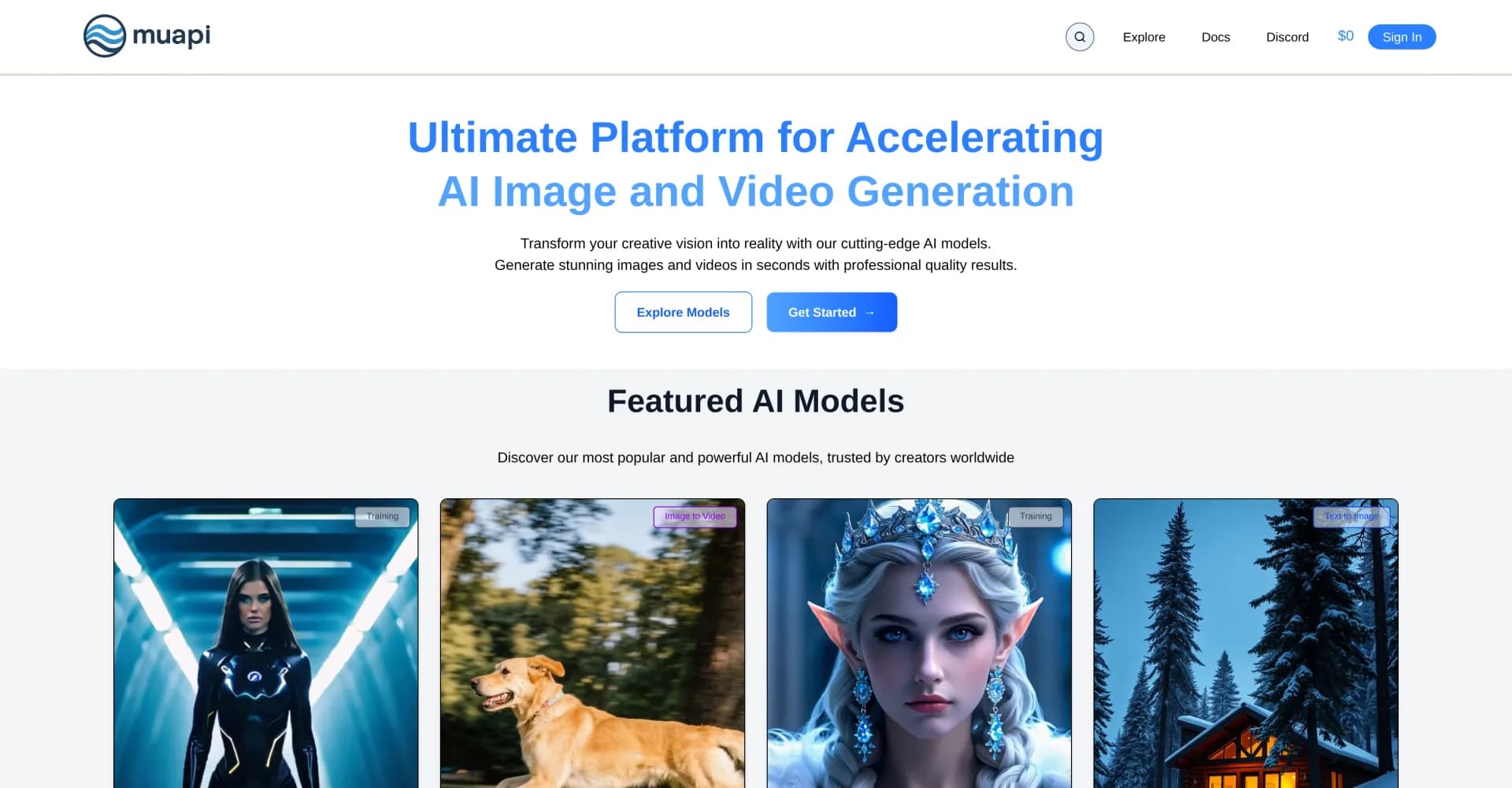 Muapi homepage screenshot — AI-powered image and video generation API platform.