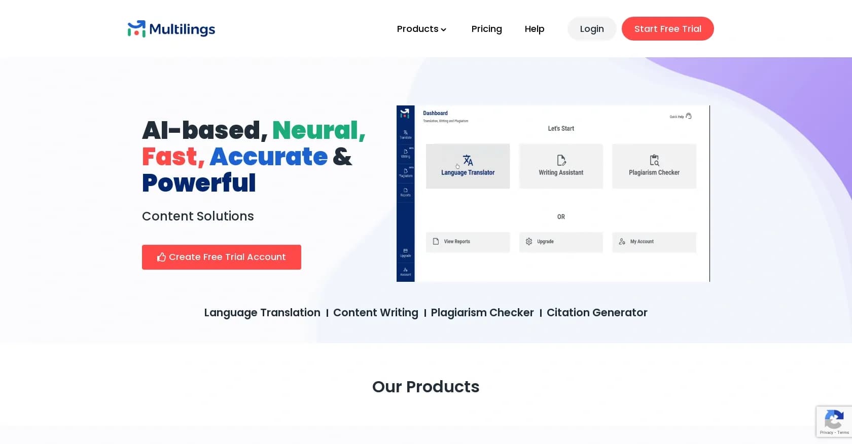 Multilings homepage screenshot — AI-powered translation and writing solutions for global comm