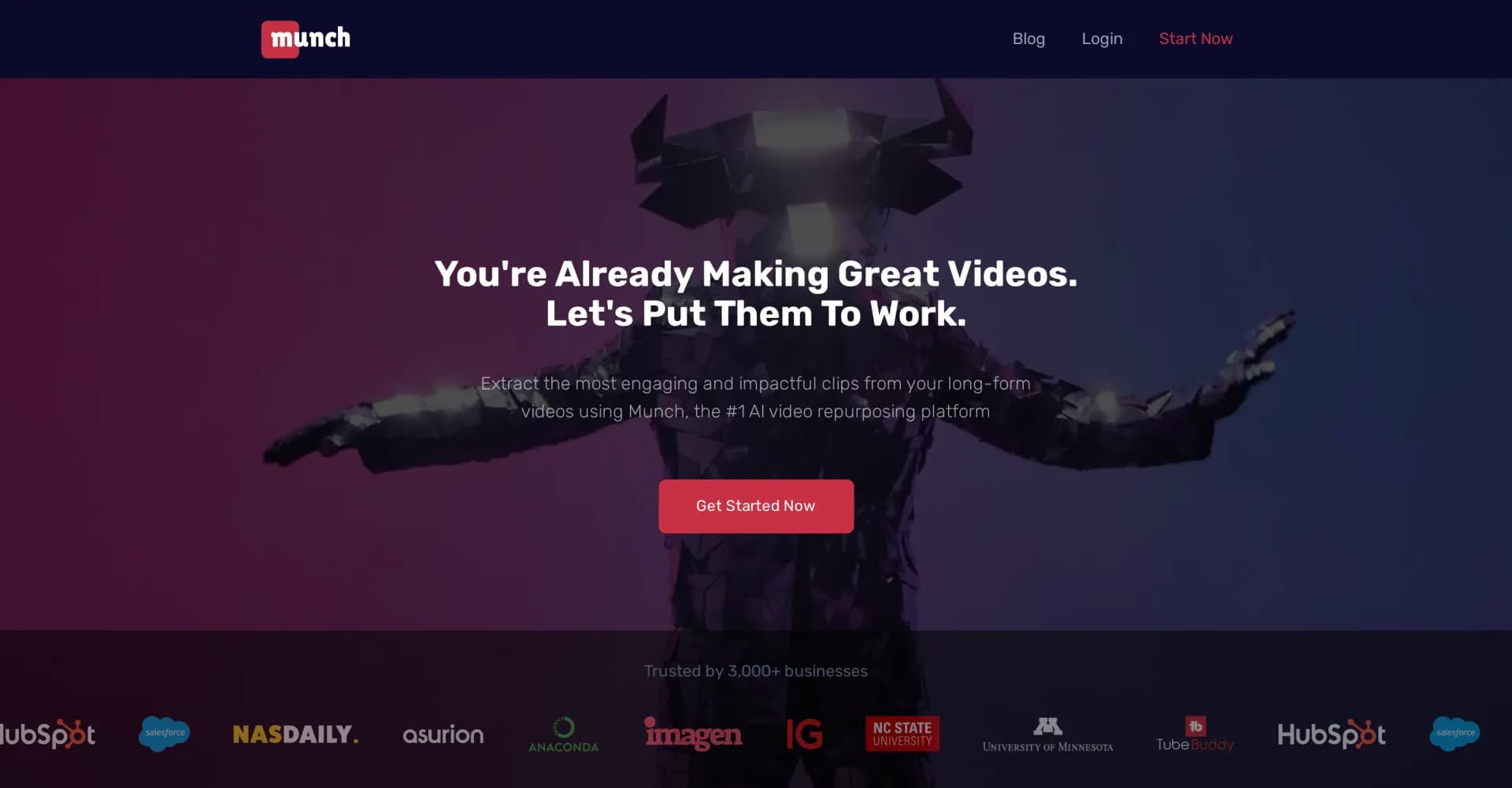 Munch homepage screenshot — AI-powered video repurposing for maximum impact
