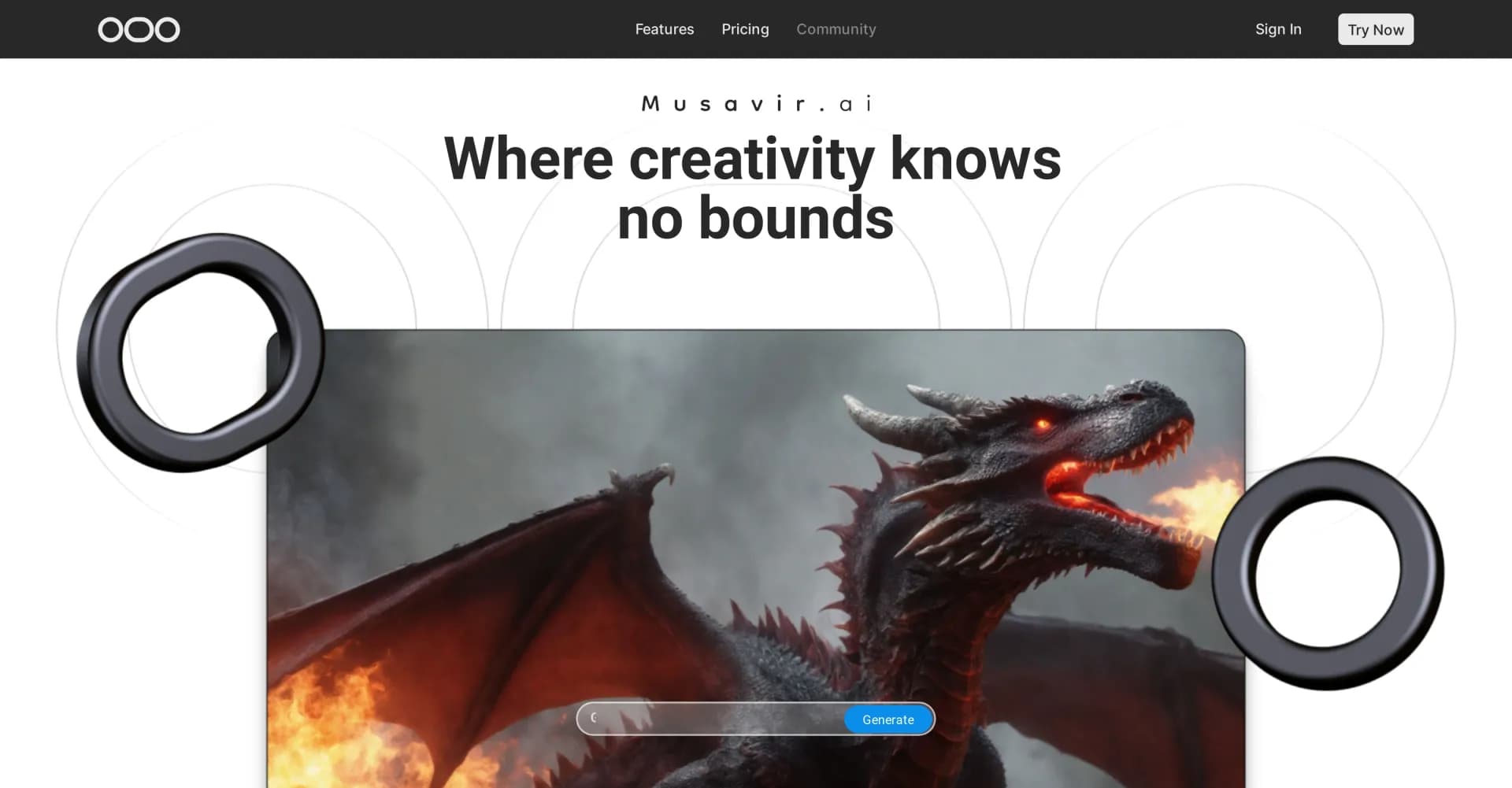 Musavir homepage screenshot — Turn words into stunning AI art instantly