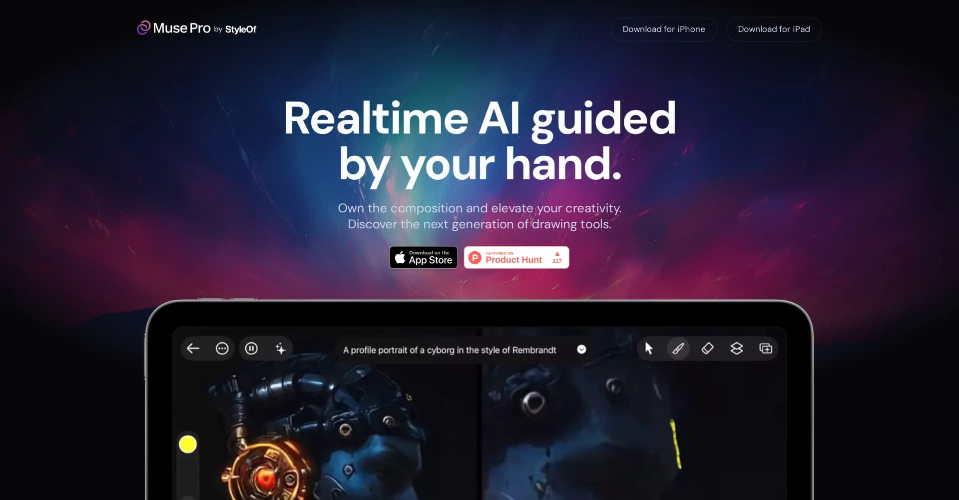 Muse Pro homepage screenshot — Realtime AI-guided drawing for artists