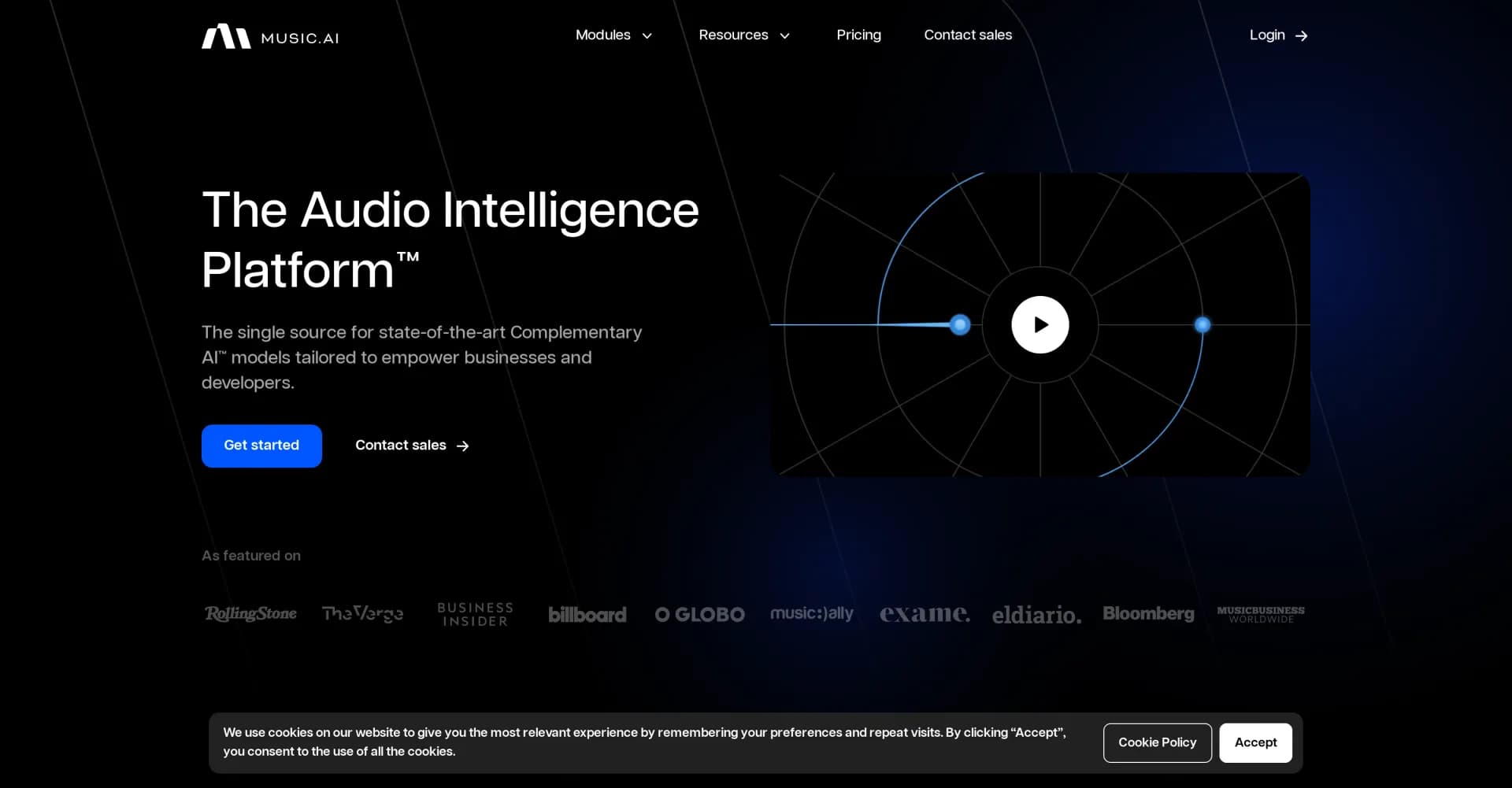 Music.AI homepage screenshot — Empower businesses with state-of-the-art audio AI models.
