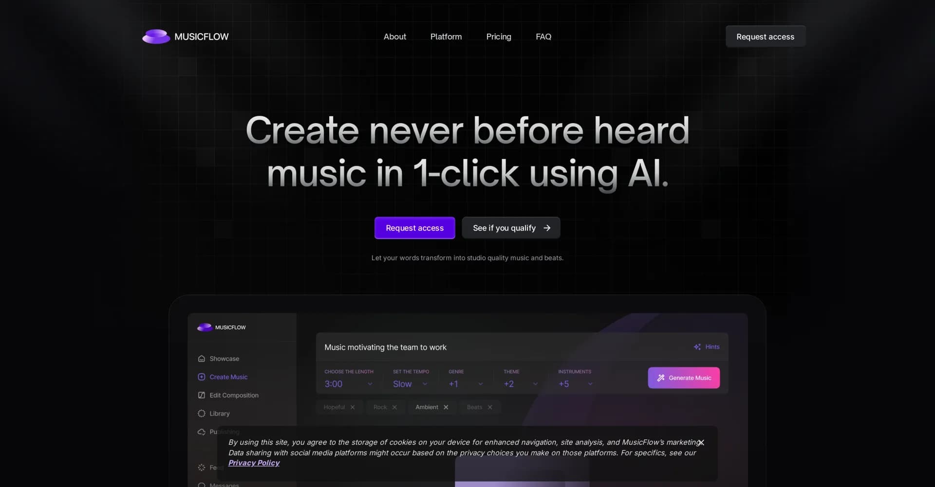 MusicFlow homepage screenshot — Create music in 1-click using AI.