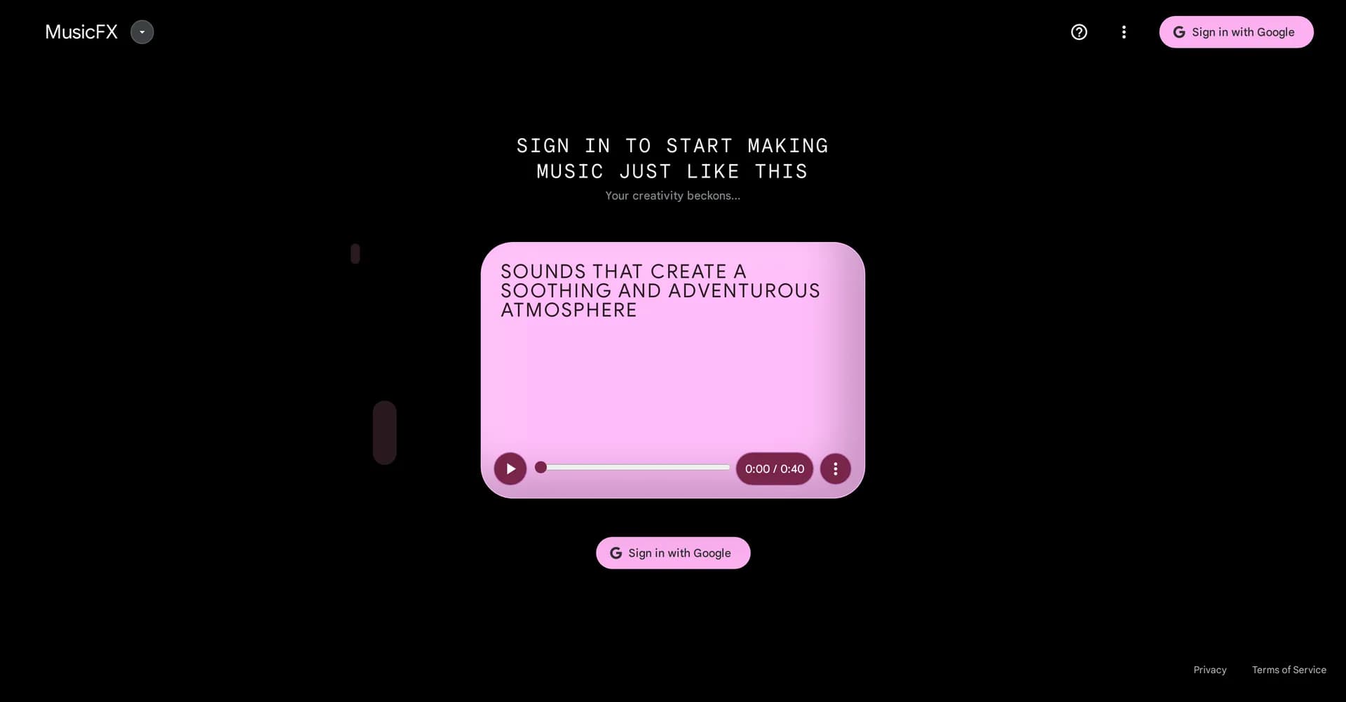 MusicFX homepage screenshot — Create soothing, adventurous music effortlessly.