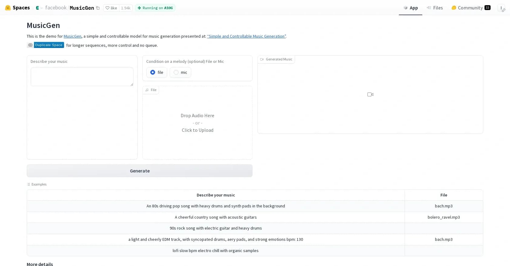 MusicGen homepage screenshot — AI-powered music generation at your fingertips