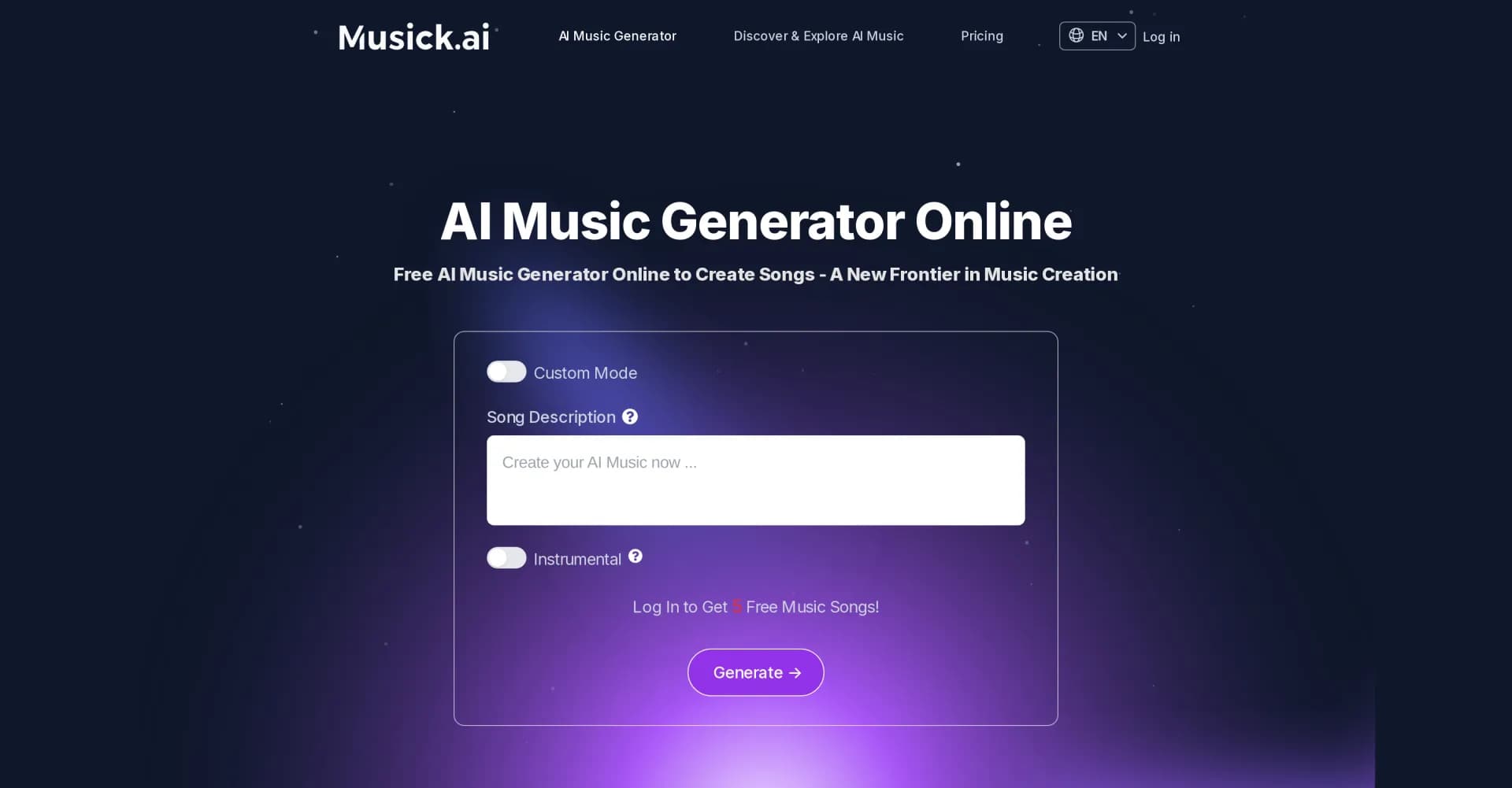 Musick.ai homepage screenshot — Create songs instantly with AI music generation