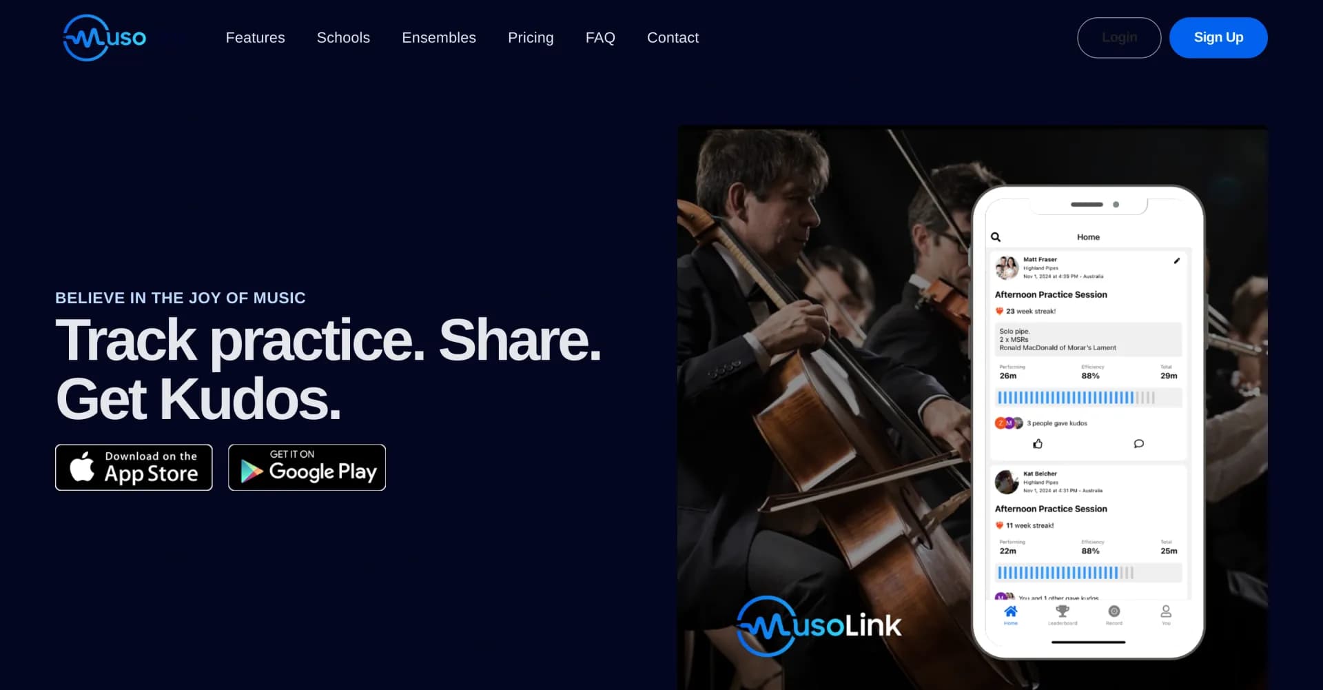 MusoLink homepage screenshot — Supercharge your music practice with AI-powered tracking and