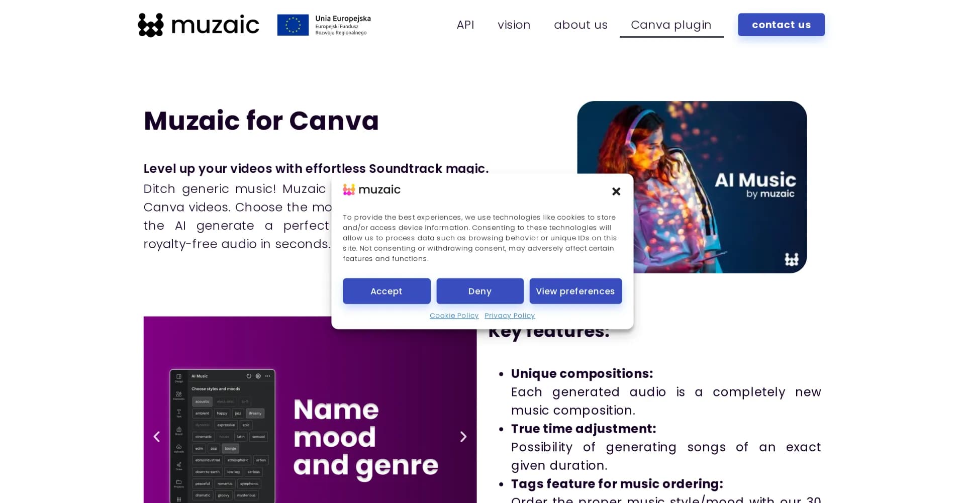 Muzaic for Canva homepage screenshot — Create custom AI soundtracks for your videos instantly.