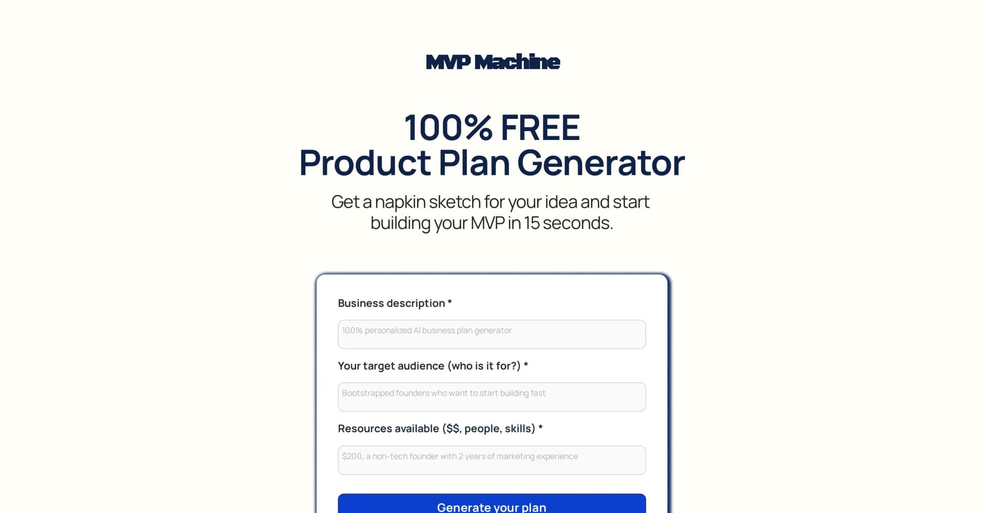 MVP Machine homepage screenshot — AI-generated MVP blueprints for bootstrapped founders in sec