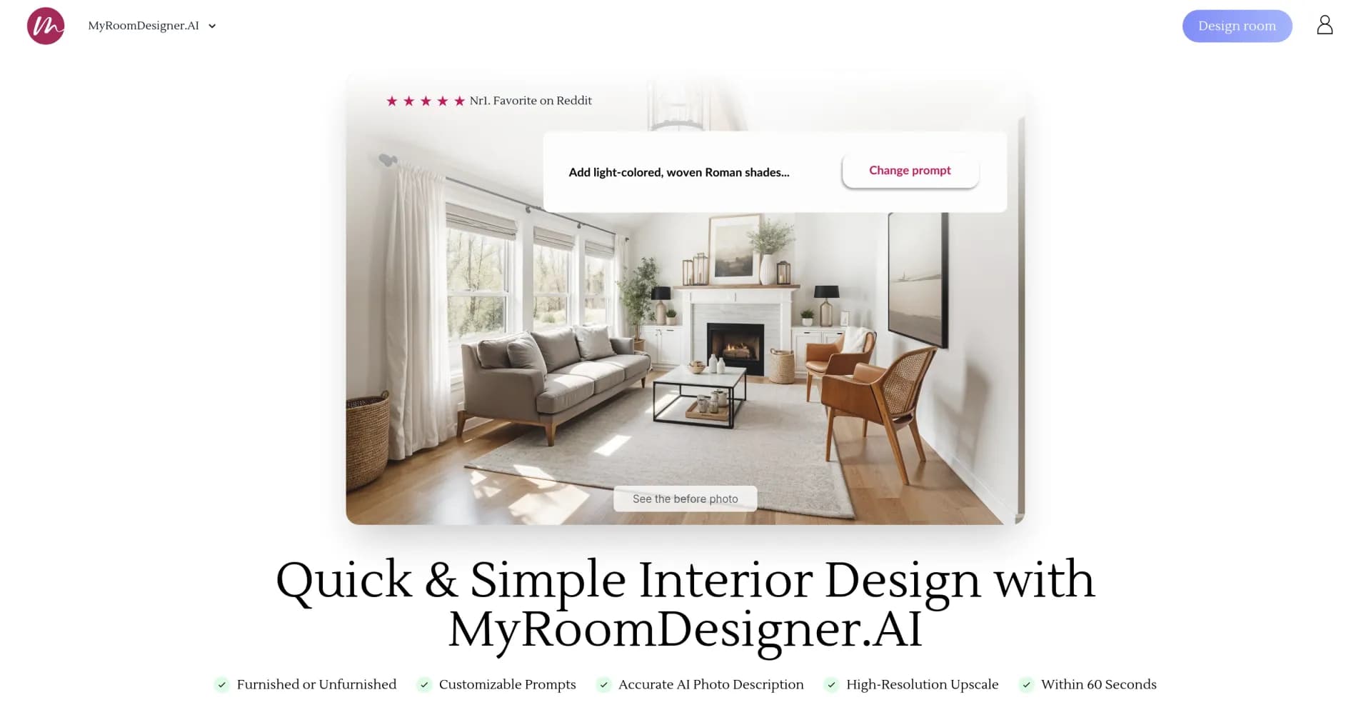 My AI Room Designer homepage screenshot — Design your dream space effortlessly online.