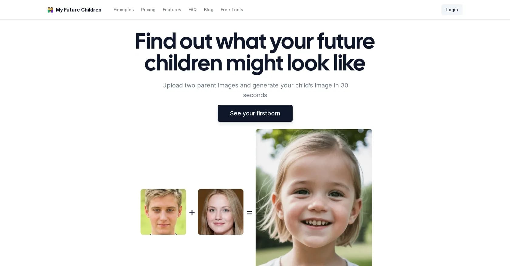 My Future Children homepage screenshot — Preview your future child's face in seconds