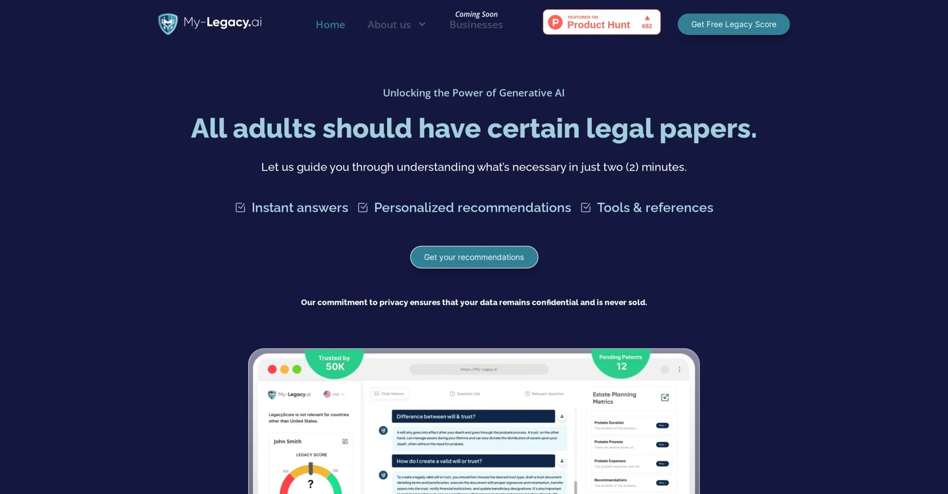 My-Legacy.ai homepage screenshot — Conversational, secure & affordable estate planning.