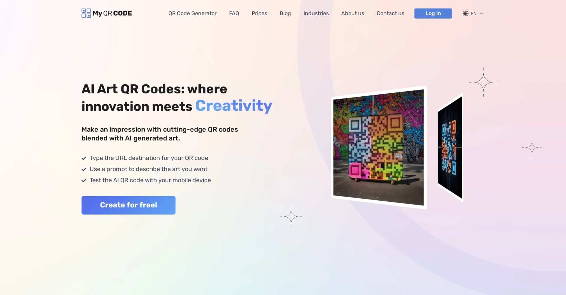 My QR Code homepage screenshot — Create AI-powered QR codes that impress.