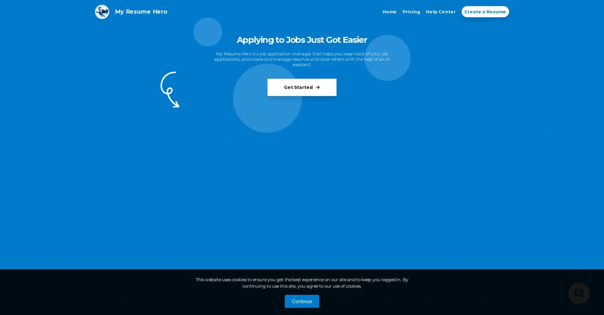 My Resume Hero homepage screenshot — AI-powered job application management and resume creation
