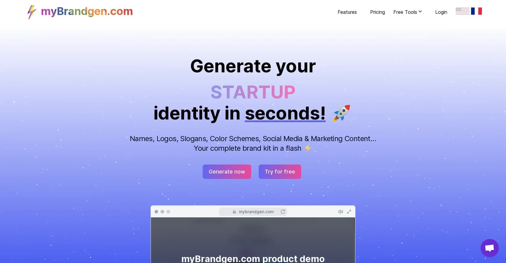 myBrandgen homepage screenshot — Generate your brand identity in seconds