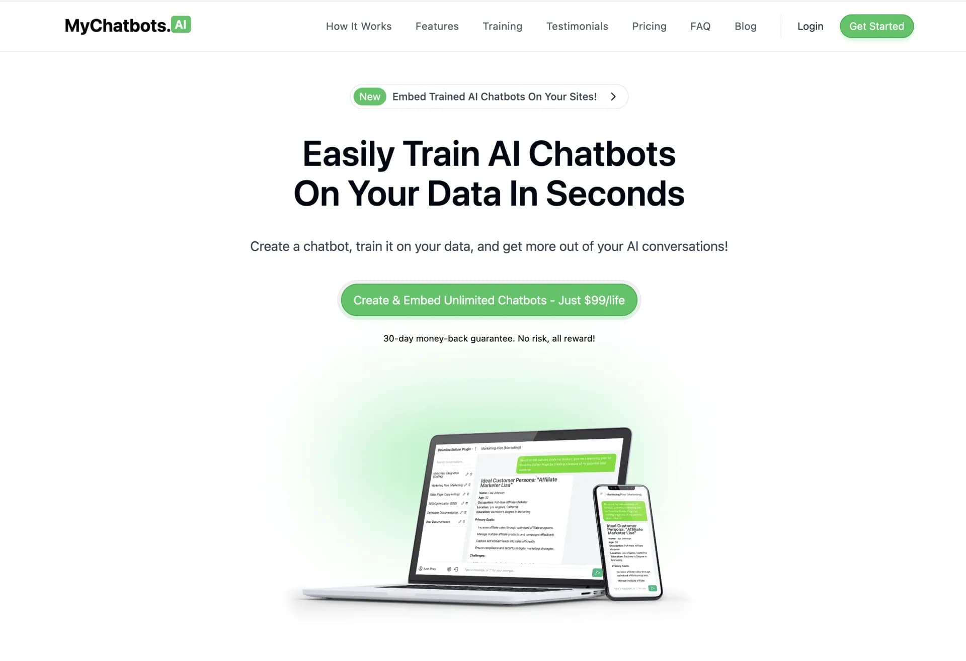 MyChatbots homepage screenshot — Create, train, embed, and chat with AI Chatbots.
