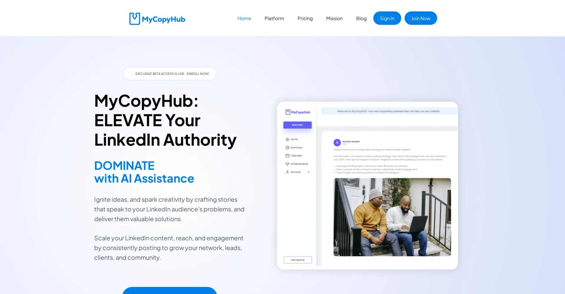 MyCopyHub homepage screenshot — Dominate LinkedIn with AI-powered content creation.