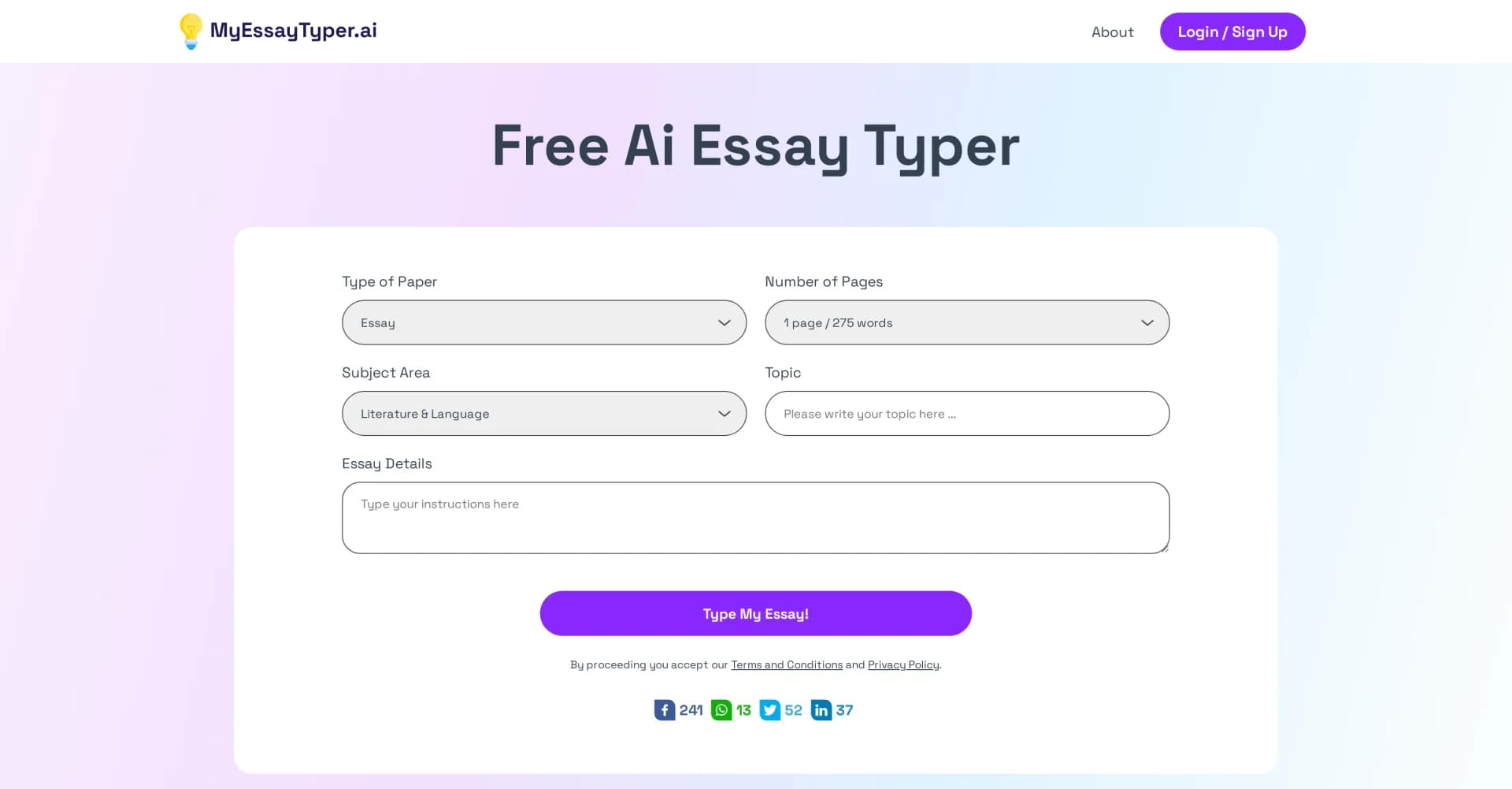 MyEssayTyper homepage screenshot — AI-powered essay writing in seconds