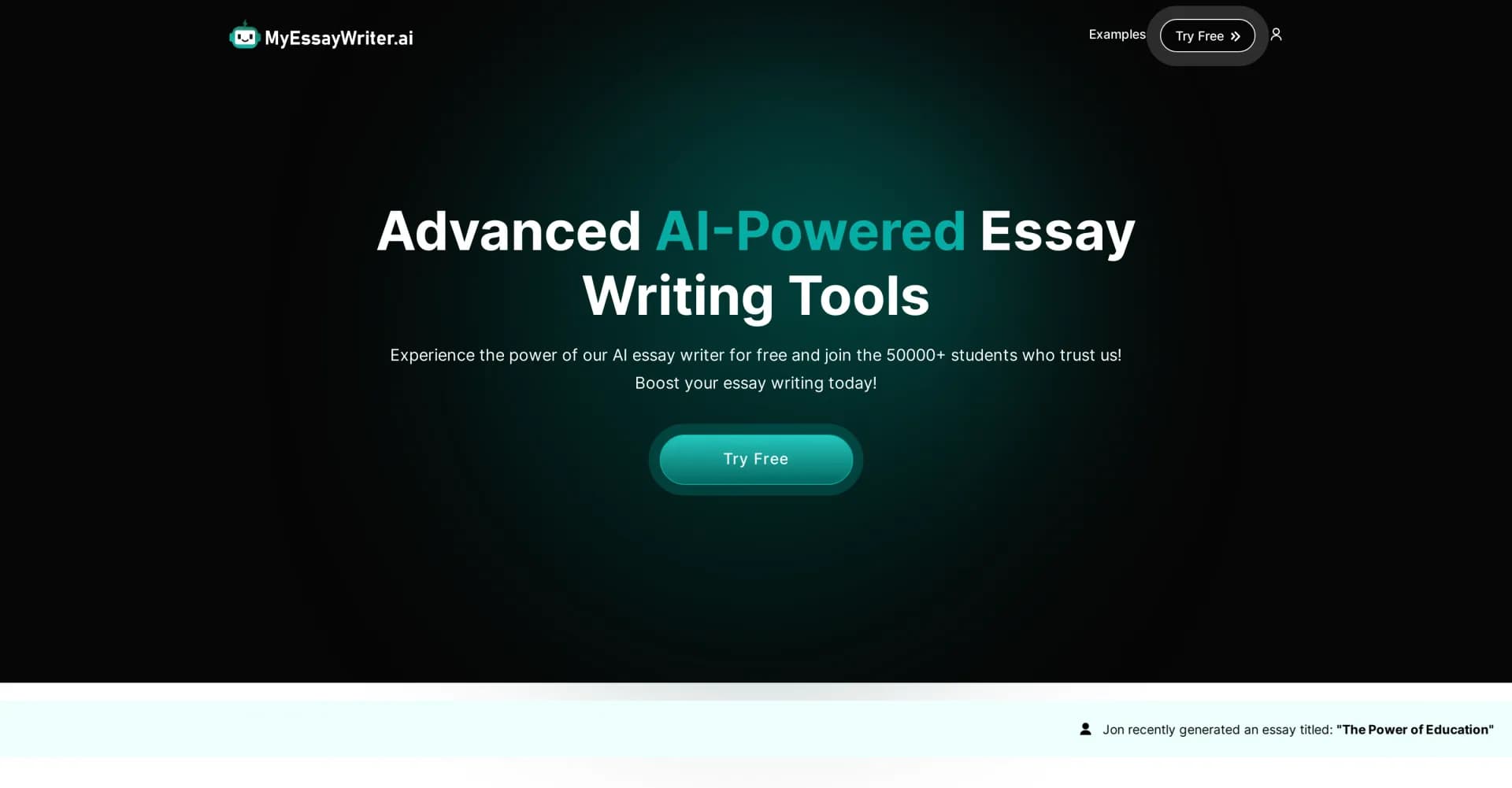 MyEssayWriter homepage screenshot — Supercharge your essays with AI-powered writing tools.