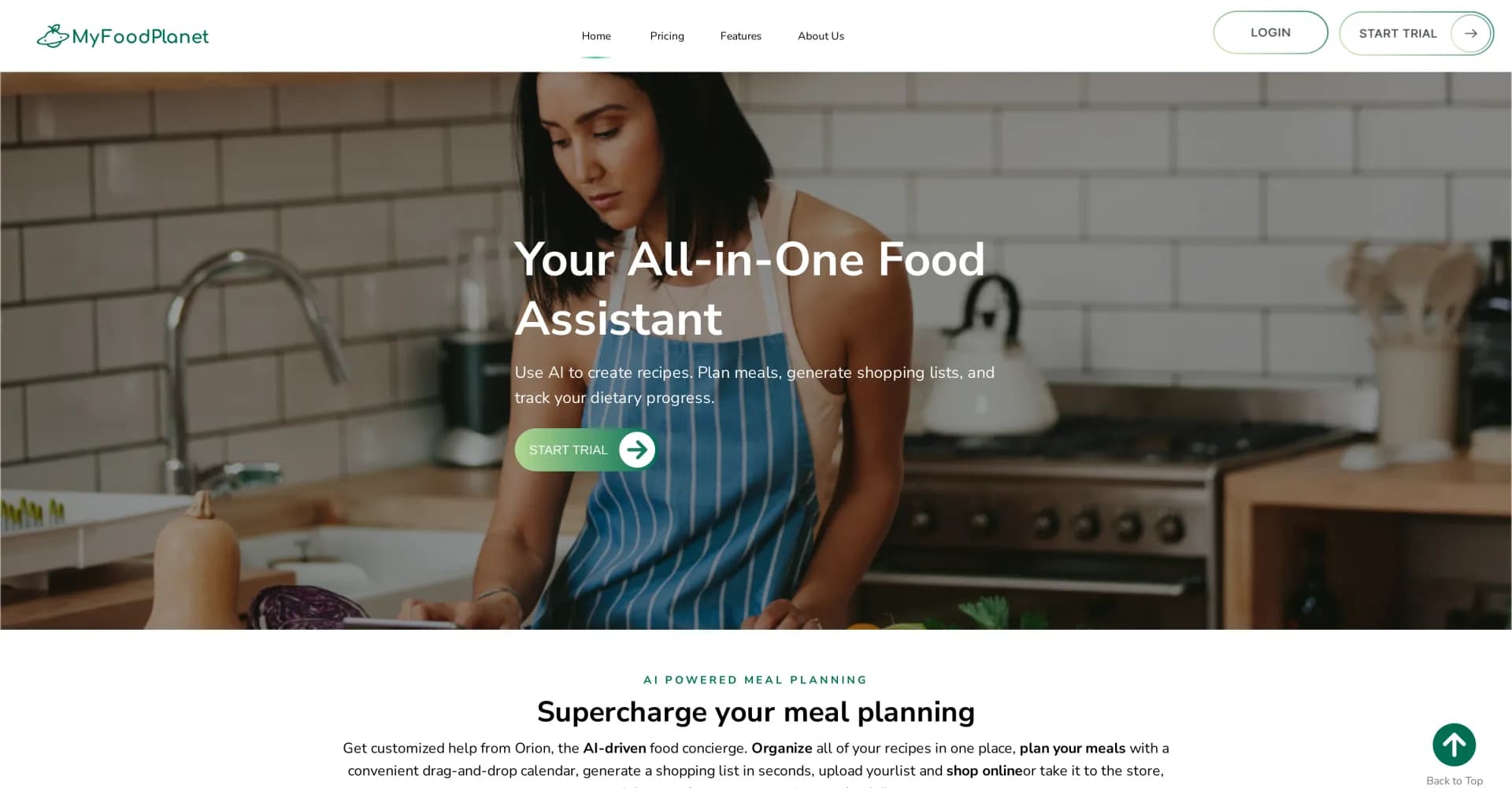 MyFoodPlanet homepage screenshot — Your all-in-one food assistant using AI to create recipes.