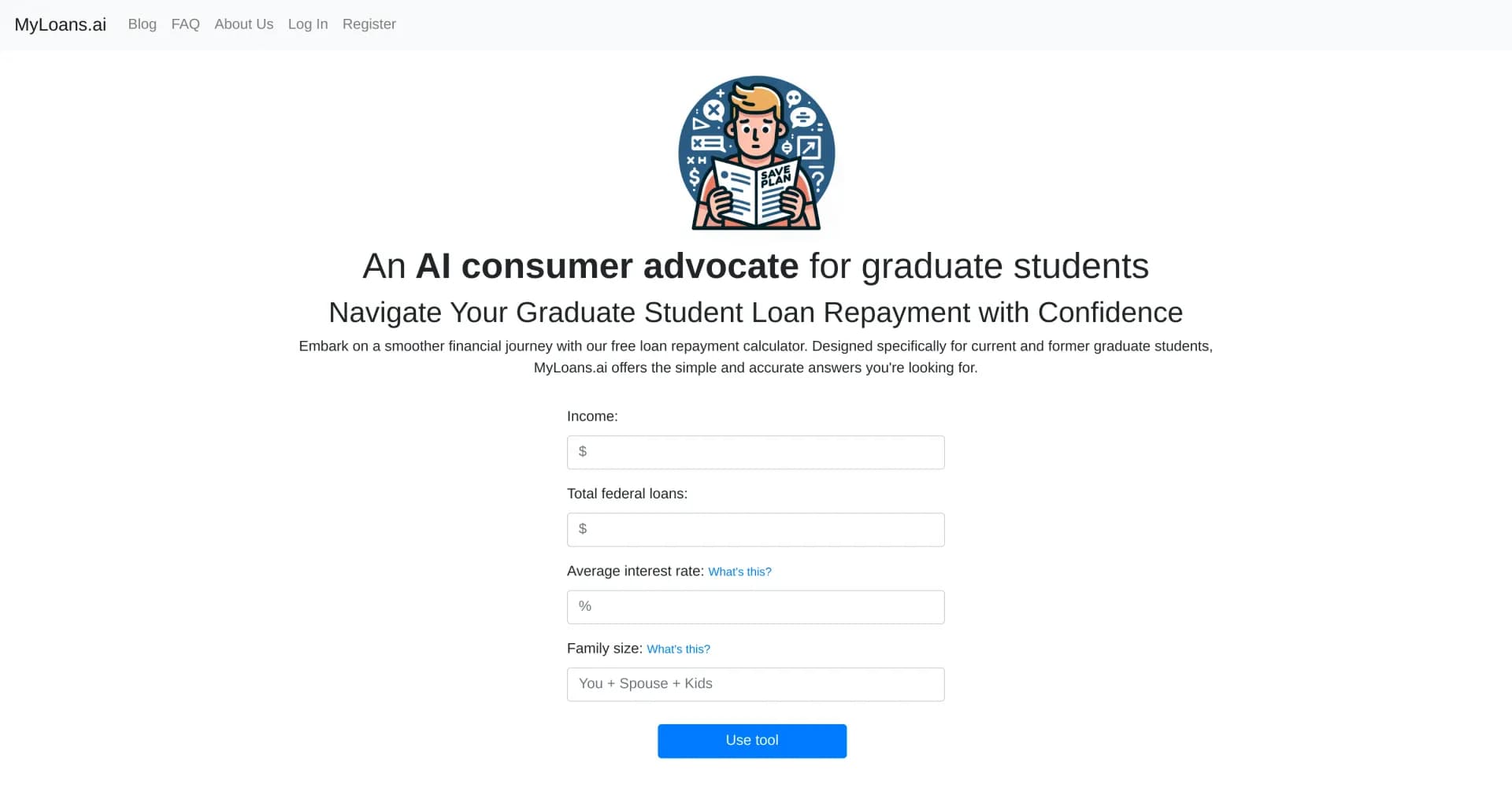 MyLoans homepage screenshot — Navigate student loan repayment with AI-powered confidence.