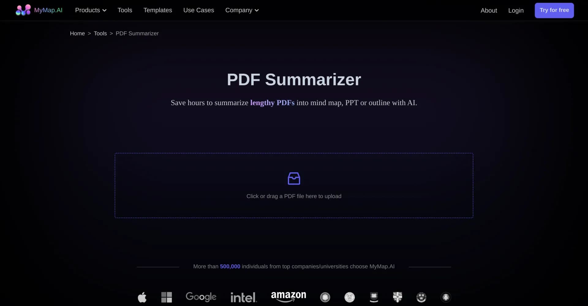 MyMap AI PDF Summarizer homepage screenshot — Transform lengthy PDFs into concise visual summaries with AI
